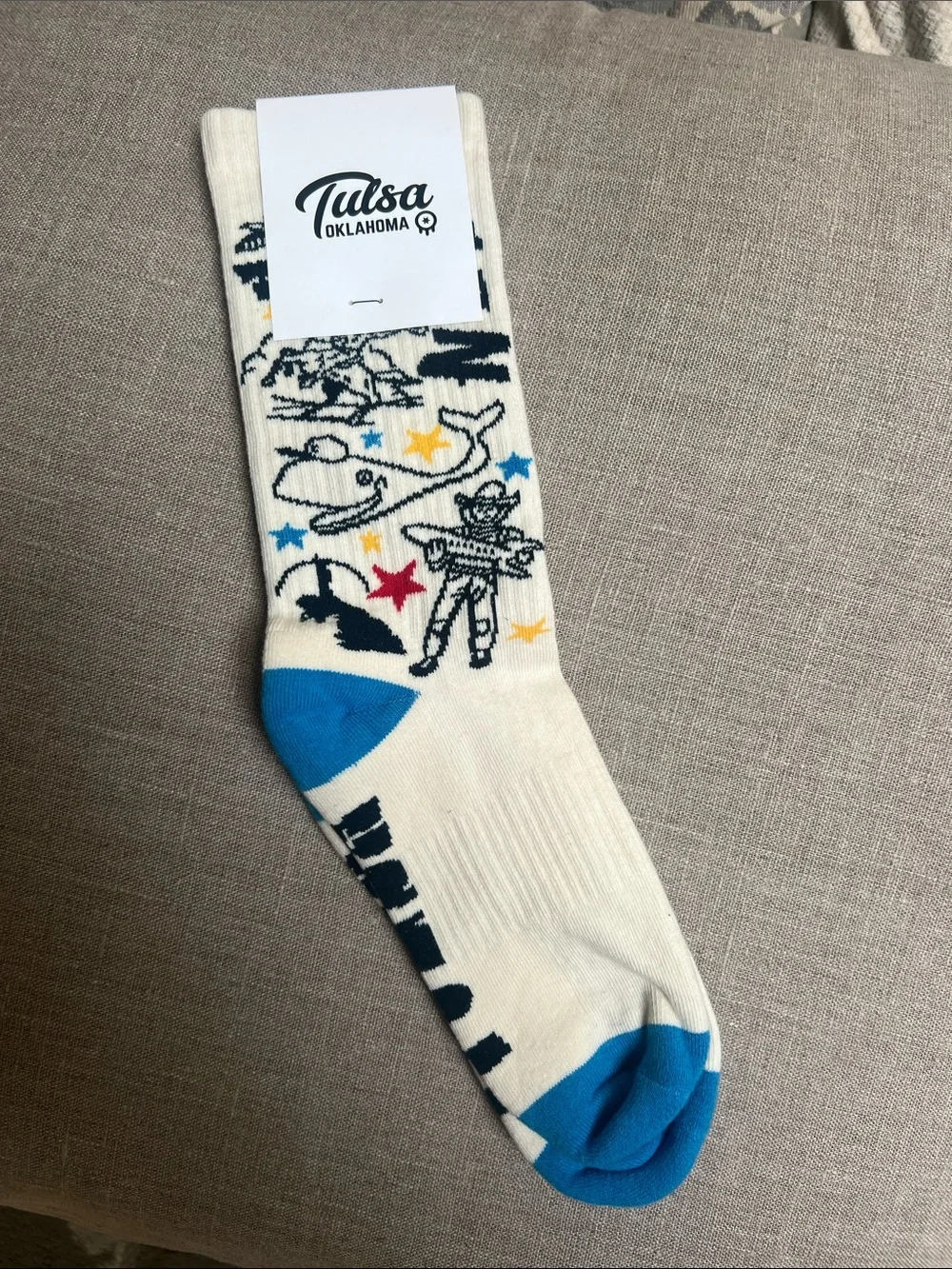 Tulsa, Oklahoma souvenir crew socks, whimsical local icons